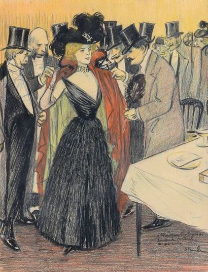  Théophile Alexandre STEINLEN (1859-1923) 
Madame arrive au dîner. Crayon et lavis...