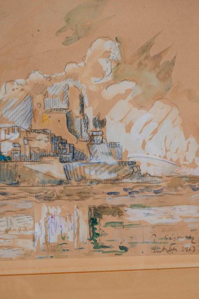  * Paul SIGNAC (1863-1935) 
Le fort d’Antibes. 1913. Aquarelle, gouache et crayons...