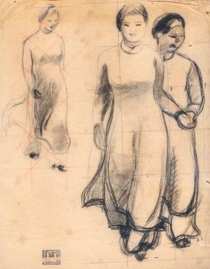  Joseph INGUIMBERTY (1896-1971) 
Jeunes indochinoises debout. Crayon gras sur calque....