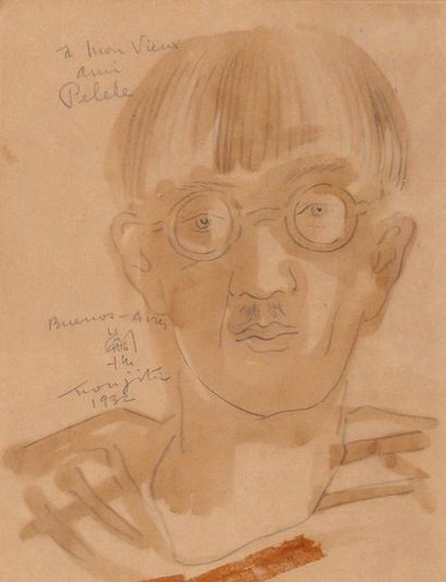  Tsuguharu FOUJITA (1886-1968) Autoportrait. 1932. Crayon et lavis brun. Signé, daté...
