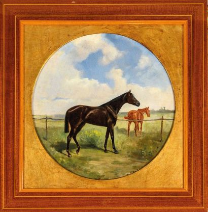 null Auguste VIMAR (1851-1916)

Portrait de chevaux.

Huile sur panneau rond. Signe?e...