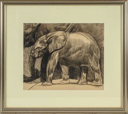 null 

Paul JOUVE (1878-1973) Eléphanteau. 1928. Dessin au crayon et fusain, sur...