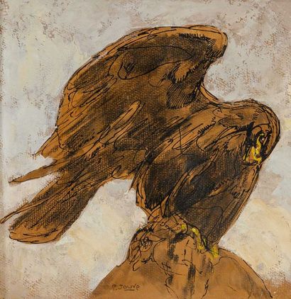 null Paul JOUVE (1878-1973) Aigle sur un rocher. Encre de Chine, gouache et huile...