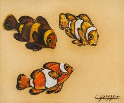 null Gaston SUISSE (1896-1988) Poissons-clowns. Pastel à l’huile sur papier bistre....