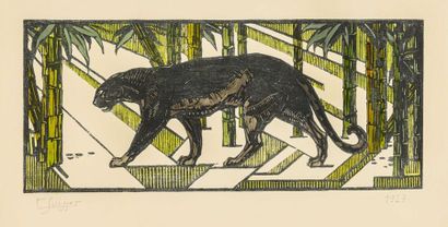 null Gaston SUISSE (1896-1988) Panthère noire dans les bambous, 1927. Gravure sur...