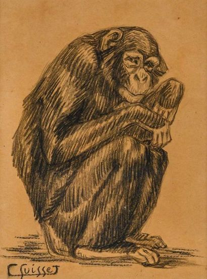 null Gaston SUISSE (1896-1988) Chimpanzé. Circa 1930. Crayon gras, sur papier bistre....