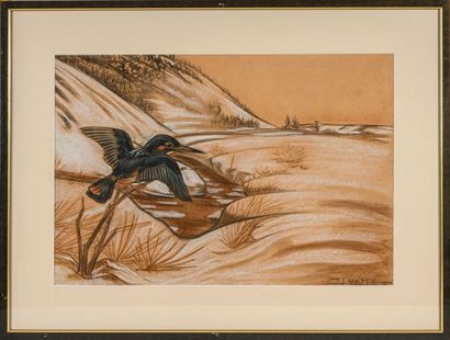 null Gaston SUISSE (1896-1988) Martin-pêcheur dans un paysage de neige, 1947. Crayon...