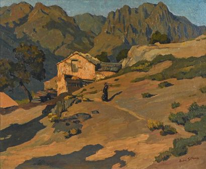 null André STRAUSS (1885-1971) Paysage animé en Balagne (Corse). Huile sur toile....