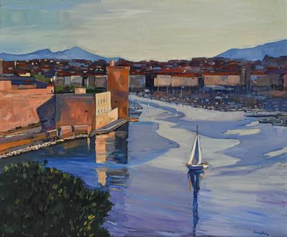 null Jean-Paul COURCHIA (Né en 1955) L’entrée du port de Marseille. Huile sur toile....