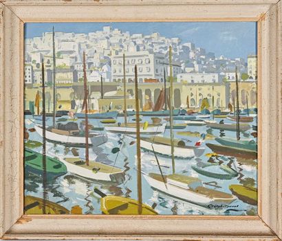 null Raymond CRETOT-DUVAL (1895-1986) Vue d’un port en Afrique du Nord. Huile sur...