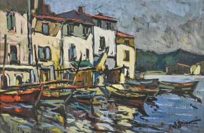 null Jean GUINDON (1883-1976) Barques dans le port. Gouache. Signée en bas à droite....