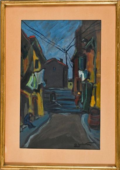 null Jean GUINDON (1883-1976) La ruelle au marches animée. Gouache. Signée en bas...