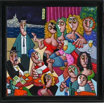 null Thierry MIRAMON (1965) Au bar avec mesdames. Huile sur toile. Signée en haut...