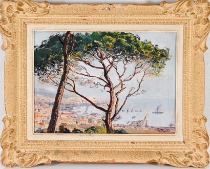 null Pierre FAGET-GERMAIN (1890-1961) Port d’Alger. Huile sur carton. Signée en bas...