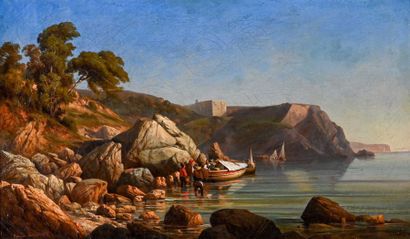 null Edouard Louis CAUVIN (1817-1900) Pêcheurs dans une crique dans la rade de Toulon....