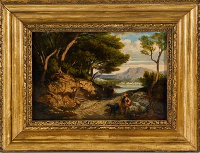 null Émile LOUBON (1809-1863) La halte du voyageur. Huile sur panneau. 28 x 40 cm....