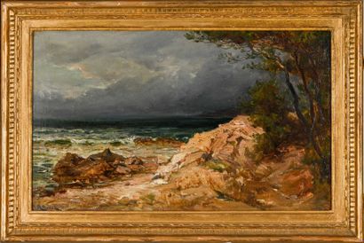 null Raphaël Luc PONSON (1835-1904) Bord de mer, ciel d’orage à Porquerolles. Huile...