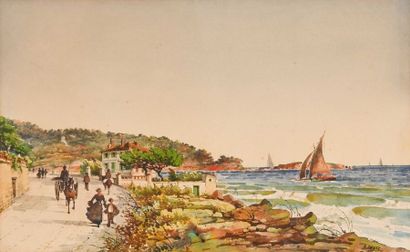 null Émile HENRY (1842-1920) Balade en bord de côte. Aquarelle. Signée en bas à gauche....