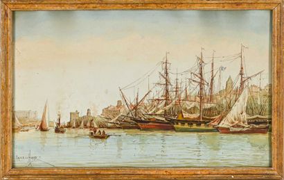 null Émile HENRY (1842-1920) Le port animé. Aquarelle. Signée en bas à droite. 26...