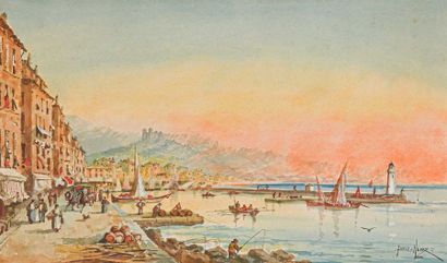 null Émile HENRY (1842-1920) L’entrée du port de Marseille. Aquarelle. Signée en...