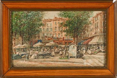 null Émile HENRY (1842-1920) Le marché aux poissons. 1902. Aquarelle. Signée et datée...