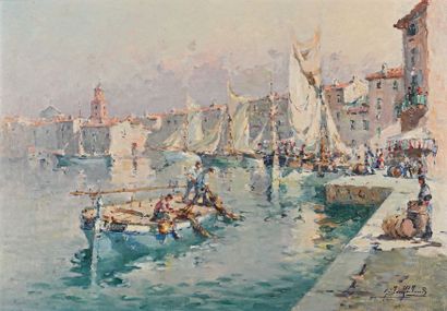 null Gilbert GALLAND (1870-1950) Le port de Saint-Tropez. Huile sur panneau. Signée...
