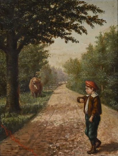 null Victor DUBREUIL (act.c.1886-1900) Le garçon et sa vache sur le chemin. Huile...