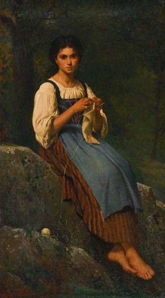 null Ernest Barthelémy MICHEL (1833-1902) Jeune femme tricotant dans un paysage....