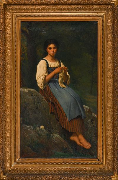 null Ernest Barthelémy MICHEL (1833-1902) Jeune femme tricotant dans un paysage....