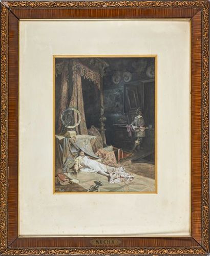 null Alphonse MUCHA (1860-1939) Meurtre de Wallenstein. Gouache, aquarelle et crayon....
