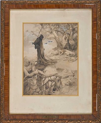 null Alphonse MUCHA (1860-1939) Mort de Frédéric Barberousse. Gouache, aquarelle...