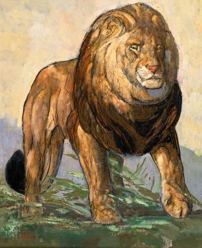 null Paul JOUVE (1878-1973) Lion marchant. Huile sur carton. Signée en bas à gauche....
