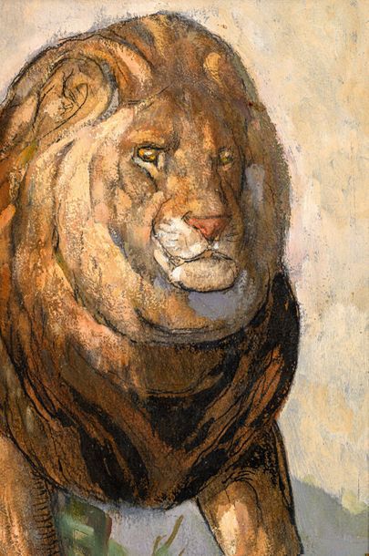 null Paul JOUVE (1878-1973) Lion marchant. Huile sur carton. Signée en bas à gauche....