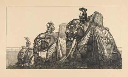 null Paul JOUVE (1878-1973) Éléphants sacrés de Hué. 1937. Lithographie originale...