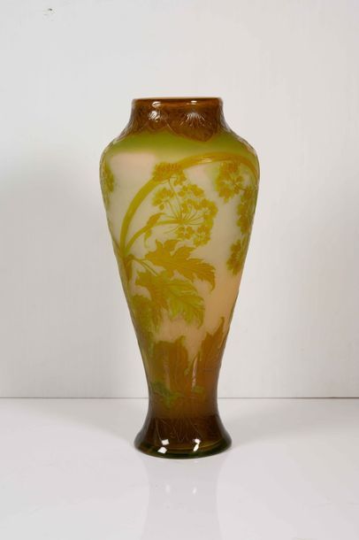  GALLÉ « Ombelles » Vase balustre à col droit en verre gravé à l’acide à décor d’ombelles...