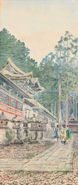  S. SUZUKI (XIX-XX) 
L’entrée du sanctuaire animée à Nikko. 
Aquarelle. 
Signée...