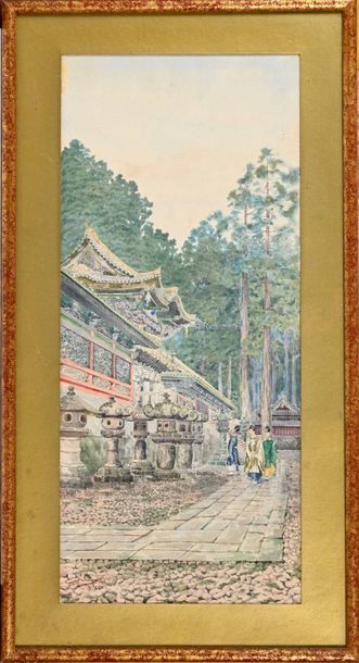  S. SUZUKI (XIX-XX) 
L’entrée du sanctuaire animée à Nikko. 
Aquarelle. 
Signée...