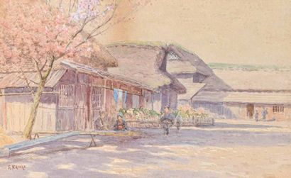  Shinzo KAWAI (1867-1936) 
Dans le village. 
Aquarelle. 
Signée en bas à gauche....