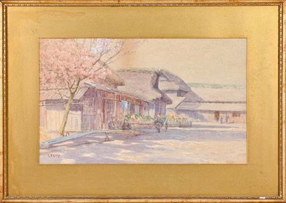  Shinzo KAWAI (1867-1936) 
Dans le village. 
Aquarelle. 
Signée en bas à gauche....