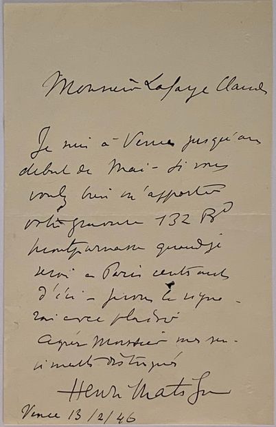 HENRI MATISSE (1869-1954) HENRI MATISSE (1869-1954)

Lettre autographe signée 