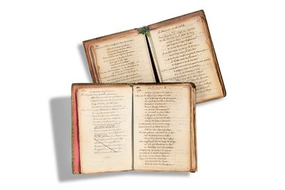 NIVERNAIS LOUIS-JULES MANCINI-MAZARINI, DUC DE (1716-1798) 
他的《寓言》手抄本，部分为亲笔签名；455页装在绿色丝绳上，当时装订成两卷，12号柔软的绿色摩洛哥，小的镀金花边框架，角上装饰有石榴，上板上有镀金标题《寓言》，装饰光滑的书脊，粉色塔比斯底纸。

这位迷人的寓言家、诗人、外交官和部长、法兰西学院成员的珍贵的个人工作手稿。...