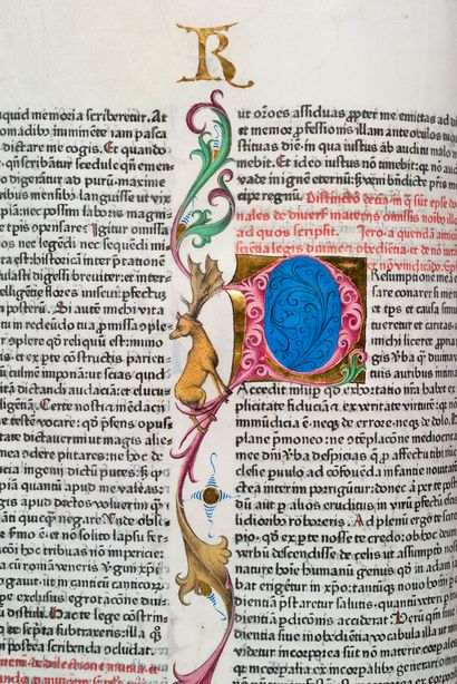 SAINT JERÔME EPISTOLAE 
阿德里安努斯-布里埃斯（卒于1472年）的书信[信件]版。马扬斯：彼得-肖弗，1470年9月7日

特殊的照明副本，印在牛皮纸上，由Johann...