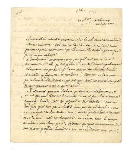 VOLTAIRE 伏尔泰 (1694-1778) L.S. «V» avec date et 3 lignes autographes, «a Ferney par...