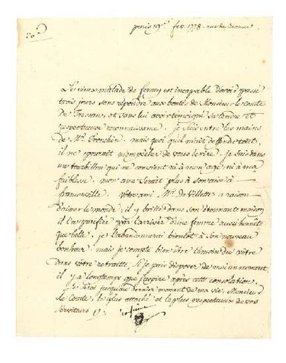 VOLTAIRE 伏尔泰 (1694-1778) L.S. «V», [Ferney] 11 novembre 1776, au comte de TRESSAN;...