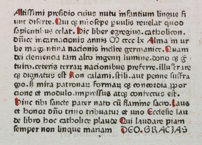 BALBUS (JOHANNES) 
CATHOLICON MAYENCE, COMPOSÉ PAR JOHANNES GUTENBERG, 1460 [IMPRIMÉ...