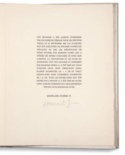 MATISSE Henri (1869 - 1954) Jazz, Paris, Tériade, 1947 154 pages in-folio en feuilles
Edition...