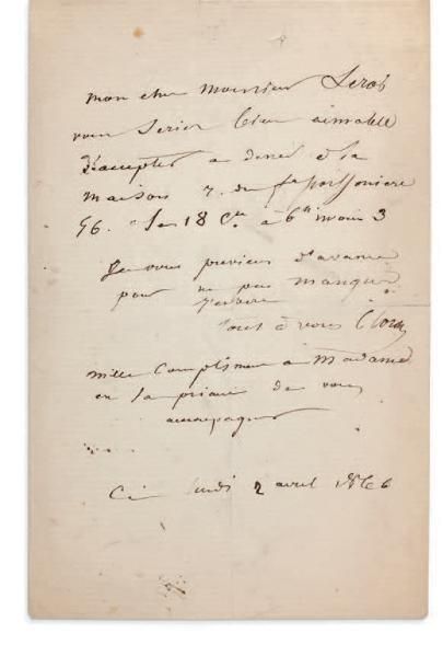 COROT Camille (1796 - 1875) L.A.S., 2 avril 1866, à M. LEROI; 1 page in-8.
Invitation...