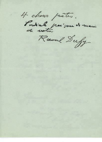 DUFY Raoul (1877 - 1953) L.A.S. à Lucien DESCAVES 1 page in-8
Lettre autographe signée...