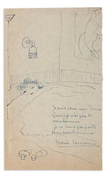 LAURENCIN Marie (1883 - 1956) Dessin original et poème autographe signé à l'encre...