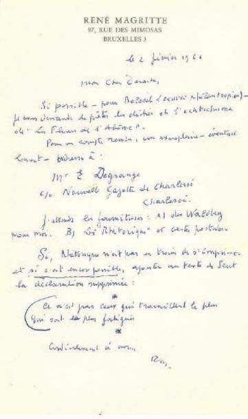 MAGRITTE René (1898 - 1967) L.A.S à André DE RACHE, Bruxelles, 2 février 1966 1 page...